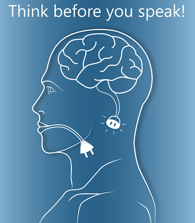 Think before you speak abstract illustration showing un-plugged socket from tongue to brain. Simple side view of human head. Gradient background and text in white.