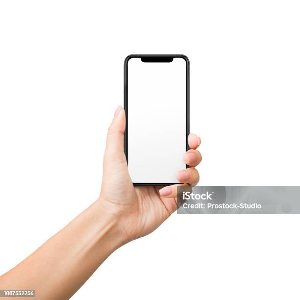 Woman Holding Mobile Phone With Blank Screen On White Background Stock Photo - Download Image Now