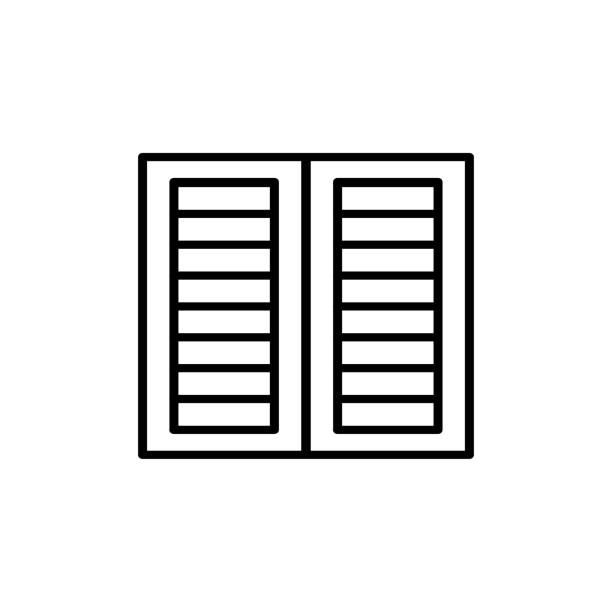 czarna & biała ilustracja starej migawki okienny żaluzji. ikona linii wektorowej drewnianego zabytkowego jalousie na świeżym powietrzu. obiekt izolowany - shutter wood window europe stock illustrations
