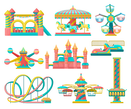 Amusement park design elements set, merry go round, inflatable trampoline, free fall tower, castle, carousel with horses, roller coaster vector Illustration isolated on a white background.