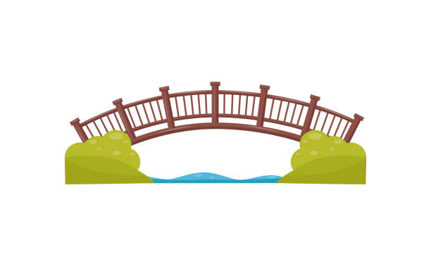 illustrations, cliparts, dessins animés et icônes de pont en arc en bois. passerelle sur la rivière. passerelle en bois. élément de vecteur plat pour carte du parc de la ville - pont