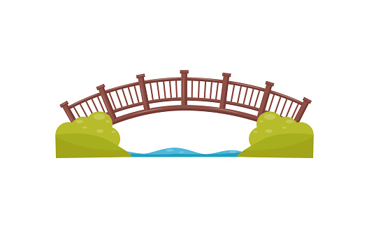 Illustration of wooden arch bridge. Walkway across the river. Footbridge made of wood. Decorative element for map of city park. Cartoon style icon. Colorful flat vector isolated on white background.