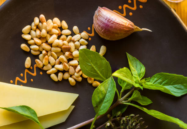 Fresh ingredients for preparing Italian pesto sauce - lemon basil sprigs, peeled seeds of cedar nuts, large garlic clove, Greek olive oil, Parmesan cheese