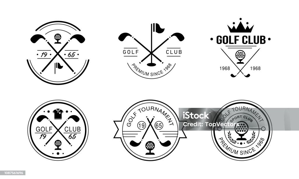 Golf club premium since 1968 logo, golfing club retro badges, sport tournament or competition vintage labels vector Illustration on a white background Golf club premium since 1968 logo, golfing club retro badges, sport tournament or competition vintage labels vector Illustration isolated on a white background. Golf stock vector