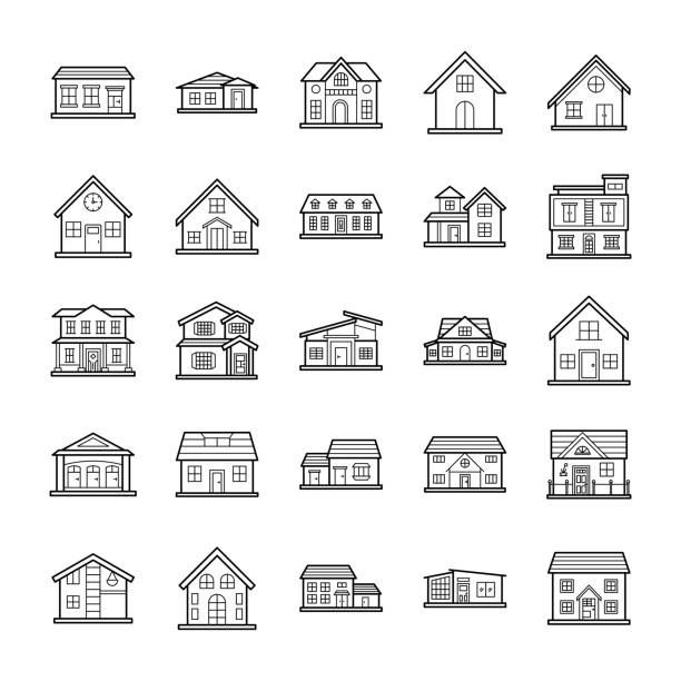 ilustraciones, imágenes clip art, dibujos animados e iconos de stock de pack de iconos de arquitecturas de casa - shed cottage hut barn