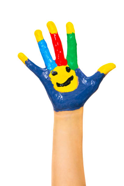istock Laughing colorful child hand to the right 1087565778
