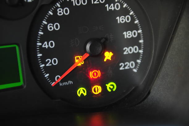 car dashboard, modern automobile control illuminated panel and speedometer display