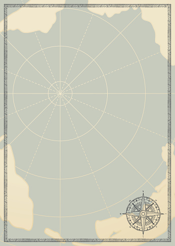 Old vintage paper with wind rose compass sign. Vector illustration on the theme of travel, adventure and discovery on the background of an old map. Pirate map concept.