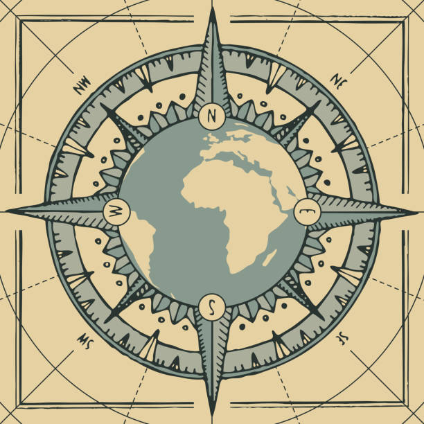 illustrations, cliparts, dessins animés et icônes de planète terre avec une rose des vents et compas ancien - map compass old globe