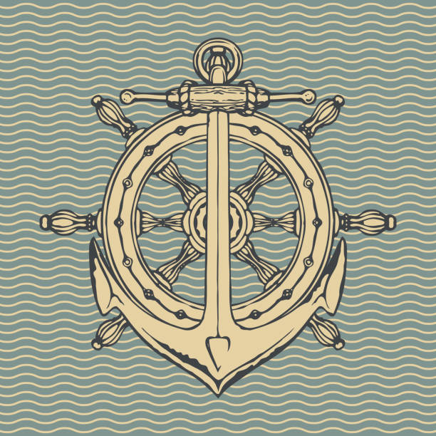 Retro travel banner with ship anchor and helm Vector banner with a ship anchor and steering wheel in retro style. Illustration on the theme of travel, adventure and discovery on the background of pattern with waves travel agency logo background stock illustrations