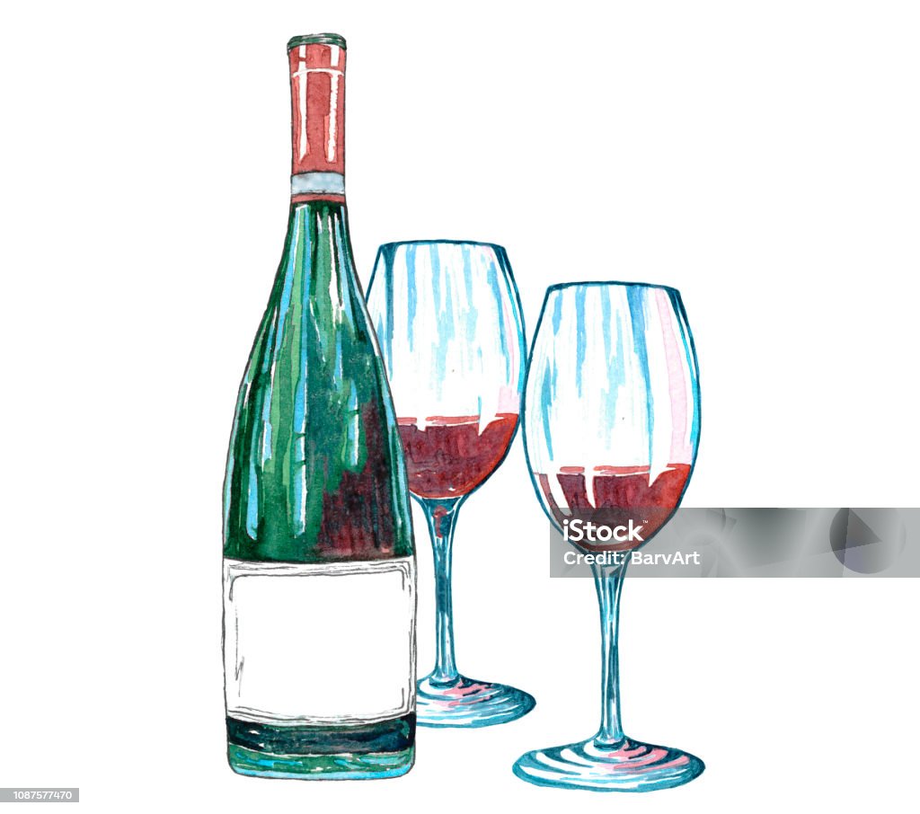 Chai Nho Đỏ Và Ly Rượu Vang Trên Nền Trắng Minh Họa Vẽ Tay Màu ...