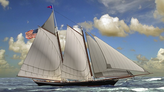 Hi resolution renderings taken from one of my published 3D Models, the Schooner America, built in 1851 and winner in the same year of the Royal Yacht Society regatta in England, and later a confederate blockader.\nThe 3D Model was made and published by me in December 2018.\nThe Blueprint showing  hull waterlines was made by me basing on my 3D Model.