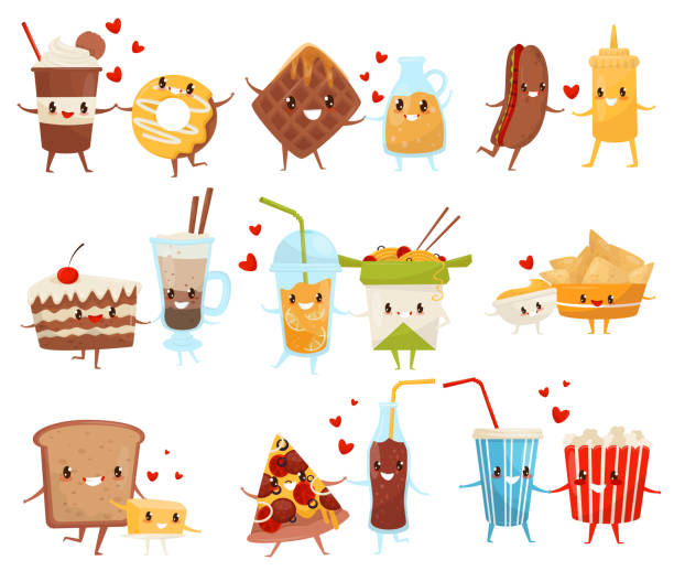 ilustraciones, imágenes clip art, dibujos animados e iconos de stock de amigos set forever, lindo divertido comida y bebidas personajes de dibujos animados, vector de menú de comida rápida ilustración sobre un fondo blanco - amistad por siempre