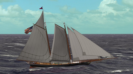 Hi resolution renderings taken from one of my published 3D Models, the Schooner America, built in 1851 and winner in the same year of the Royal Yacht Society regatta in England, and later a confederate blockader.\nThe 3D Model was made and published by me in December 2018.\nThe Blueprint showing  hull waterlines was made by me basing on my 3D Model.