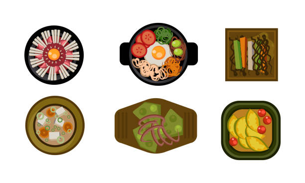 istock Collection of served dishes set, cooking, healthy eating concept vector Illustration on a white background 1087580274