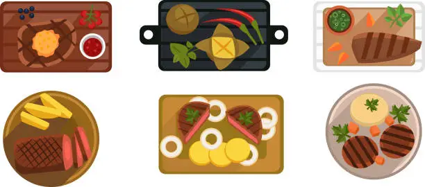 Vector illustration of Collection of served food dishes, cooking and healthy eating concept, top view vector Illustration on a white background