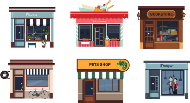 Facades of various shops set, flower, ice cream, bookstore, cafe, pets shop, boutique vector Illustration on a white background Facades of various shops set, flower, ice cream, bookstore, cafe, pets shop, boutique vector Illustration isolated on a white background. bookstore stock illustrations