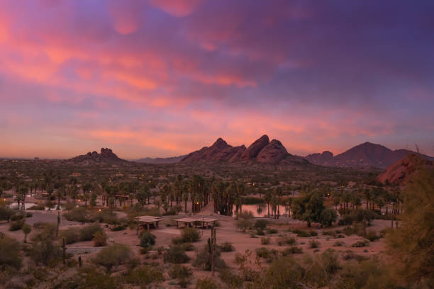 Papago Park and Camelback Mountain at sunset, beautiful dramatic colorful sky Phoenix, Az,USA