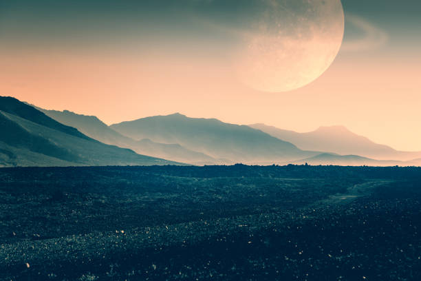 inhospitable planet with mountains and moon or planet on orbit - science fiction