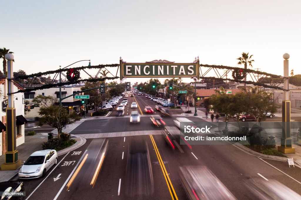 Encinitas Sign Encinitas City Sign in the downtown area with Christmas decorations Encinitas Stock Photo