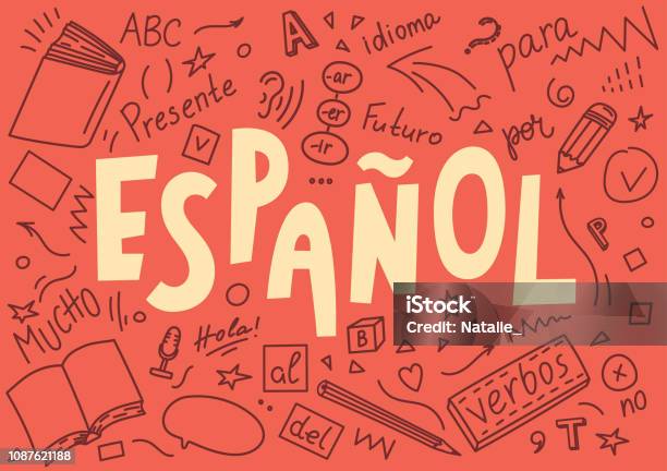 Espanol Translation Spanish Language Hand Drawn Doodles And Lettering Stock Illustration - Download Image Now