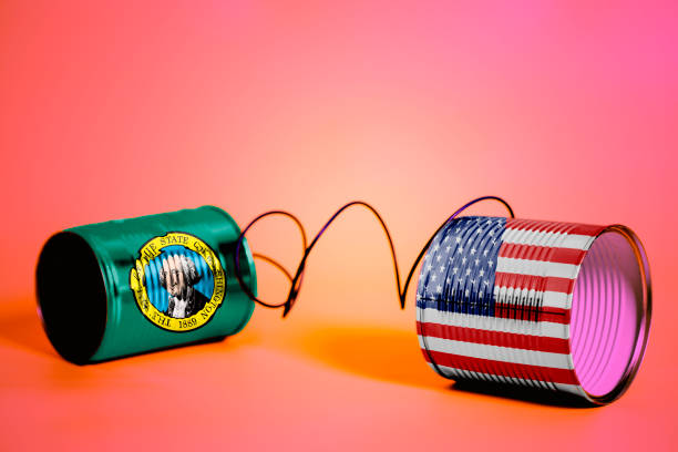 istock tin can phone with USA and Washington USA State Flags. communication concept 1087626700