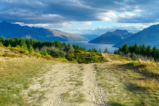 hiking the queenstown hill walkway with views of lake waktipu and the remarkables, otago, new zealand