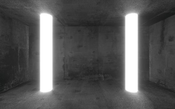 istock Empty abstract concrete show room with the glowing light and copy space. Modern exhibition studio mockup for product presentation. Illuminated empty concrete futuristic interior. 3D Rendering. 1087631986