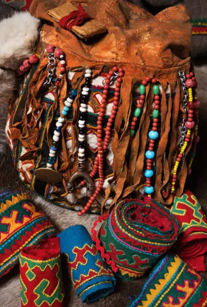 Photo of Handmade bag and rich decorated fabric made by nomadic tribe of Far North of Russia, Polar Circle