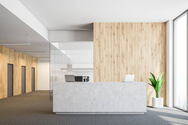 istock Concrete reception in wooden office 1087642250