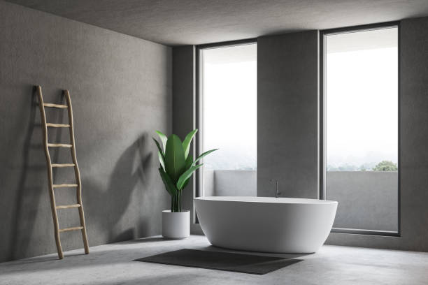 istock Gray bathroom corner with tub and ladder 1087642420