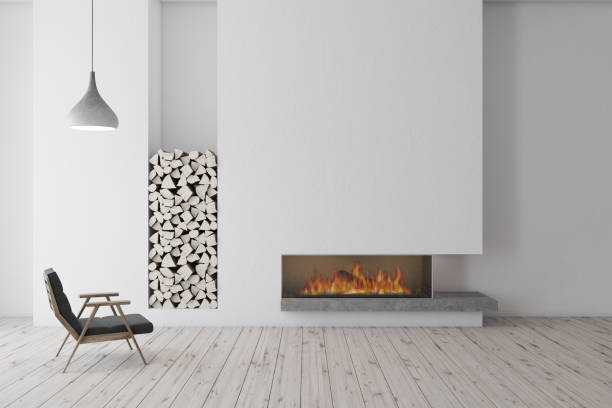 istock White fireplace with black armchair 1087644212