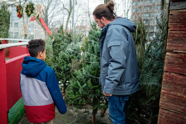 istock Mixed-race dad and son shopping for christmas tree in winter. 1087644234