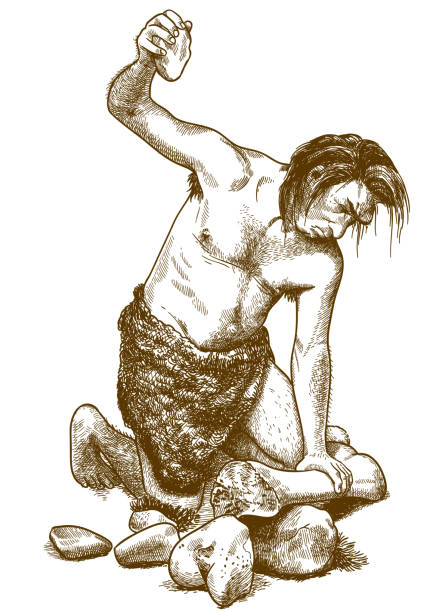 gravur-abbildung von caveman - steinzeit stock-grafiken, -clipart, -cartoons und -symbole