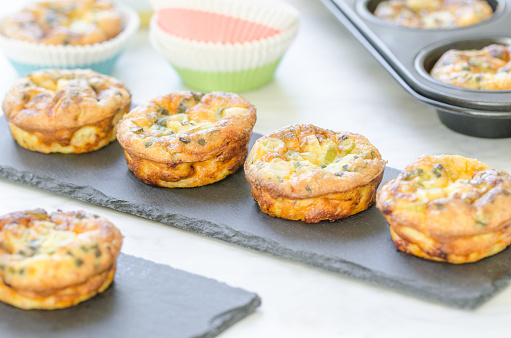 Homemade tartlets filled with ham, cheese , green onions, baked in muffin tin and served on a slate plate for a brunch or breakfast