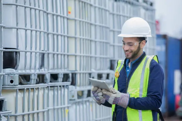 Photo of Engineer checks shipment of chemicals at oil and gas industry pipeline job site