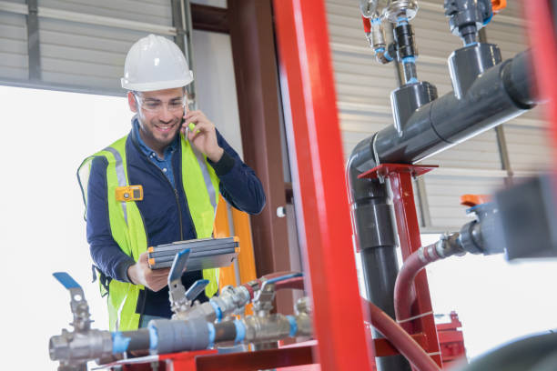 Young adult Hispanic man is an engineer working in oil and gas industry. He is inspecting pipeline equipment and making a phone call. Man is wearing hard hat and safety vest.