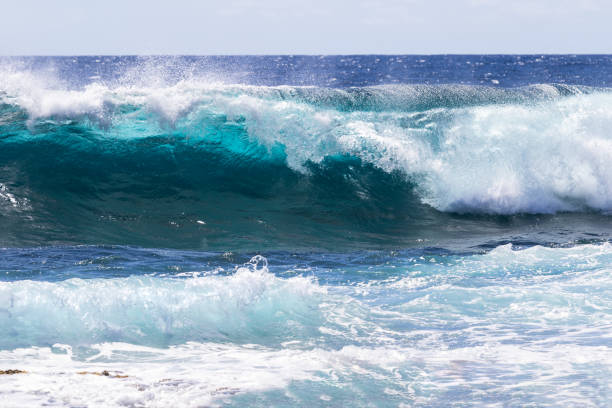 istock Wave breaking offshore in Hawaii; foam in foreground. Blue ocean, sky, clouds in background. 1087657872