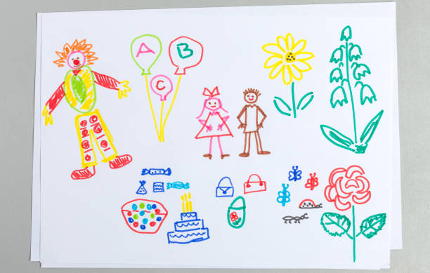 Kid drawings set of birthday party elements isolated on white background - colorful child scribble of cute clown and people in festive clothes, holiday cake and balloons.