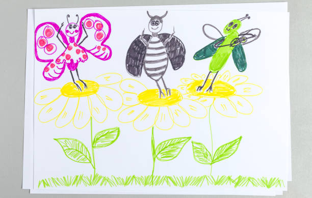 Kid doodle of insects dancing and having fun on flowers. Kid doodle of insects dancing and having fun on flowers - colorful scribble child picture of grasshopper playing violin and butterfly and bug dancing on chamomile on white background. painted grasshopper stock pictures, royalty-free photos & images