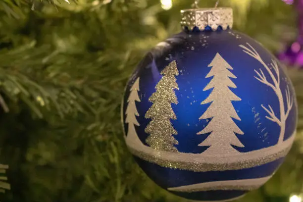 Blue and white sparkly ornament/sphere with white and silver Christmas tree cut-outs and white dead tree in a Christmas tree.