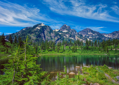 a beautiful panoramic view of the lac blanc with the highest summit of the Vanoise, the dent parrachee, in the distance