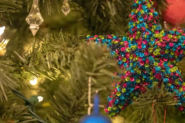 Pink, blue and green sequin star ornament in a Christmas tree.