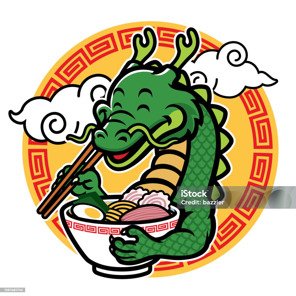 cartoon dragon mascot eat ramen vector of cartoon dragon mascot eat ramen Dragon stock vector