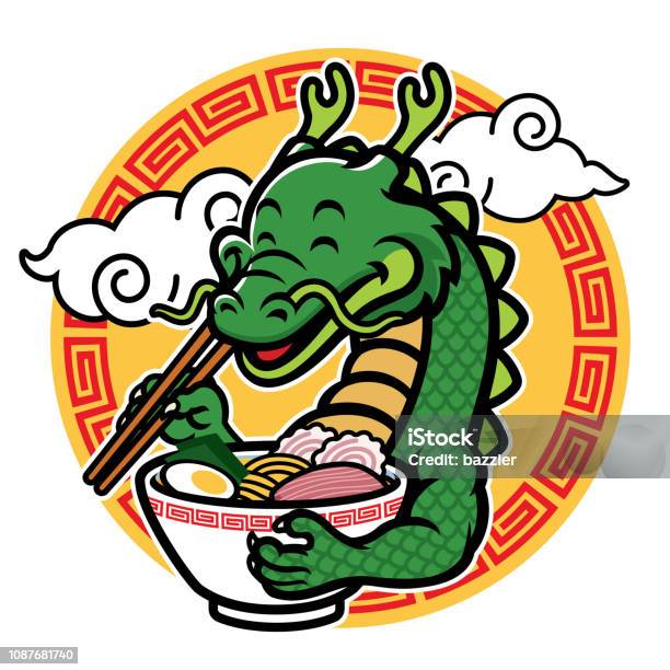 Cartoon Dragon Mascot Eat Ramen Stock Illustration - Download Image Now - Dragon, Ramen Noodles, Poster