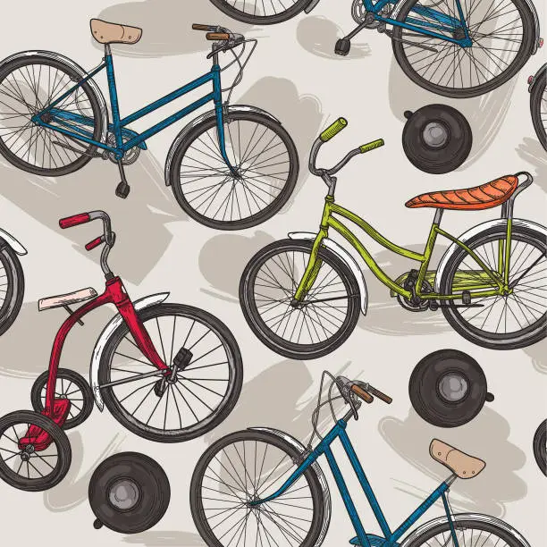 Vector illustration of Vintage Line Art Bikes and Bells Pattern