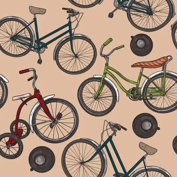 Vector illustration of Vintage Line Art Bikes and Bells Pattern