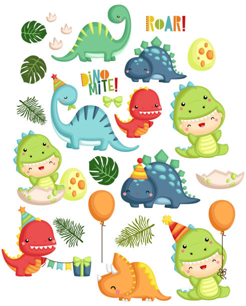 ilustraciones, imágenes clip art, dibujos animados e iconos de stock de tema de cumpleaños de dinosaurio - child vector birthday celebration