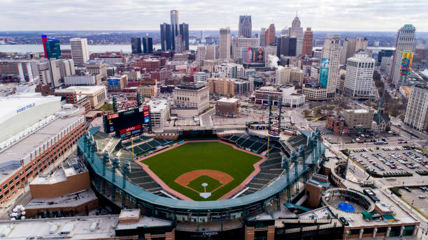 An aerial view of Comerica Park in Detroit, MI An aerial view of Comerica Park in Detroit, MI comerica park photos stock pictures, royalty-free photos & images