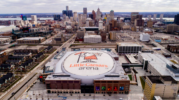 An aerial view of Little Caesars Arena in Detroit, MI stock photo